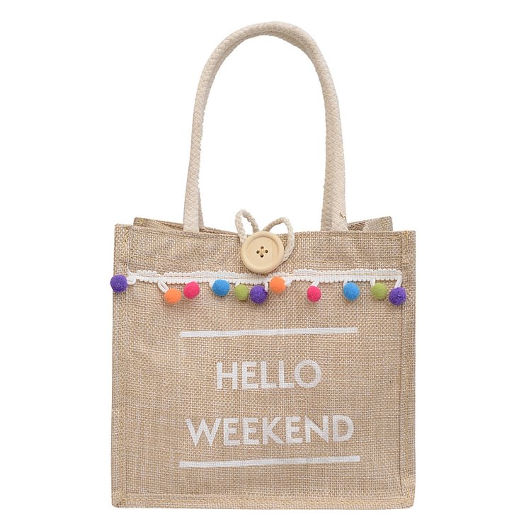 Fashion Linen Totes Handbag Women Pompom Shoulder Travel Shopping Lunch Bag