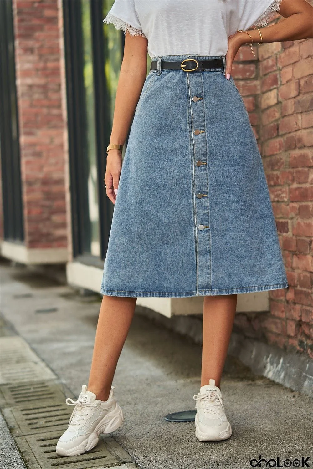 Button Front A-Line Denim Skirt
