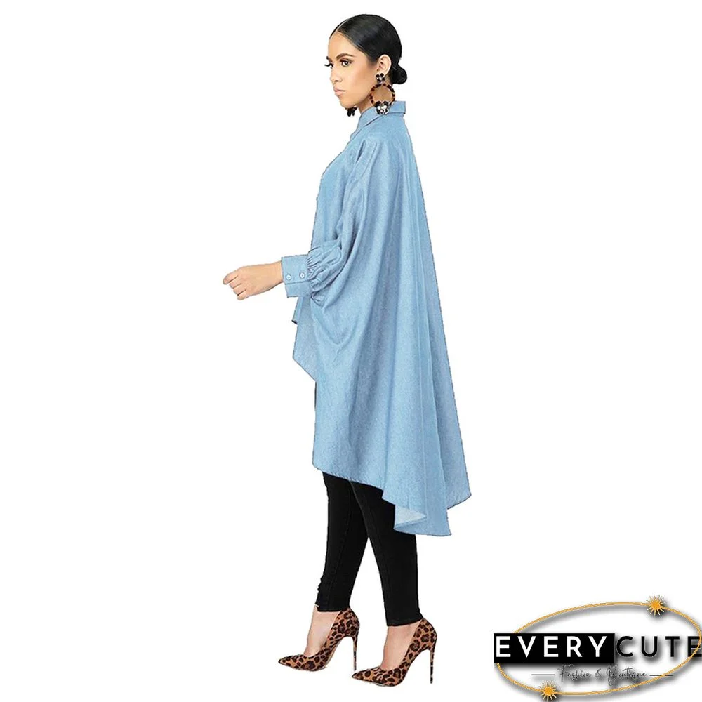 Light Blue Button Down Long Style Loose Top