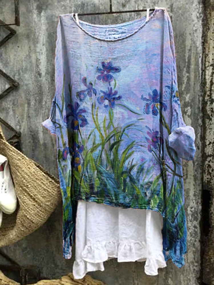 Comstylish Iris Floral Oil Painting Art Cozy Cotton Linen Shirt