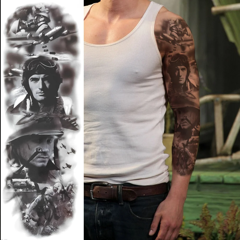 Sdrawing Temporary Tattoos Sleeve For Men Women Skeleton King Warrior Full Arm Tattoos Sticker War Black Fake Tatoos Long Sleeve