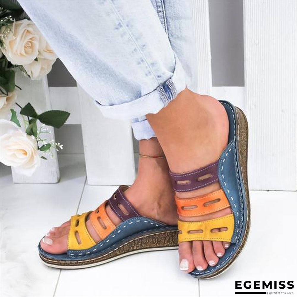 Women Three-color Stitching Casual Low Wedge Heel  Peep Toe Sandals Slippers Shoes | EGEMISS