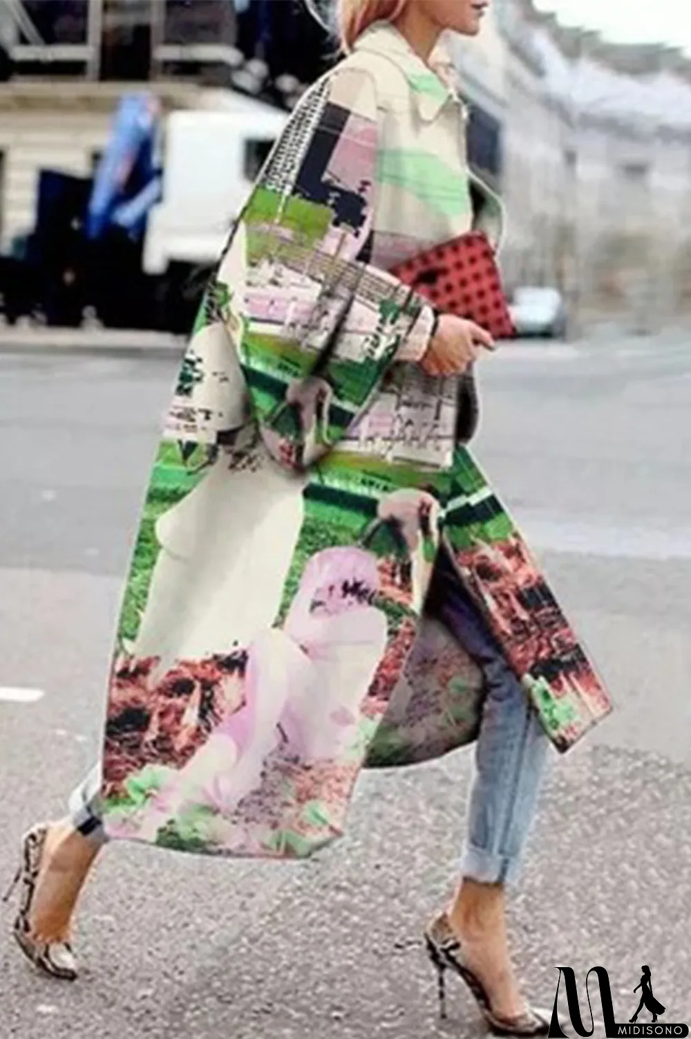 MidiSono - Yellow Blue Street Camouflage Print Patchwork Turndown Collar Outerwear