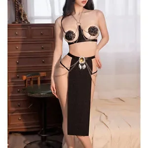 pornhint Pornhint Womens Costume 3Pcs Outfits Skirts Set Cupless Bra Clubwear Halter Lingerie