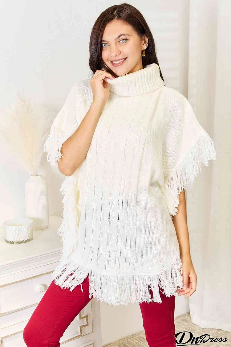 Justin Taylor Turtle Neck Fringe Poncho