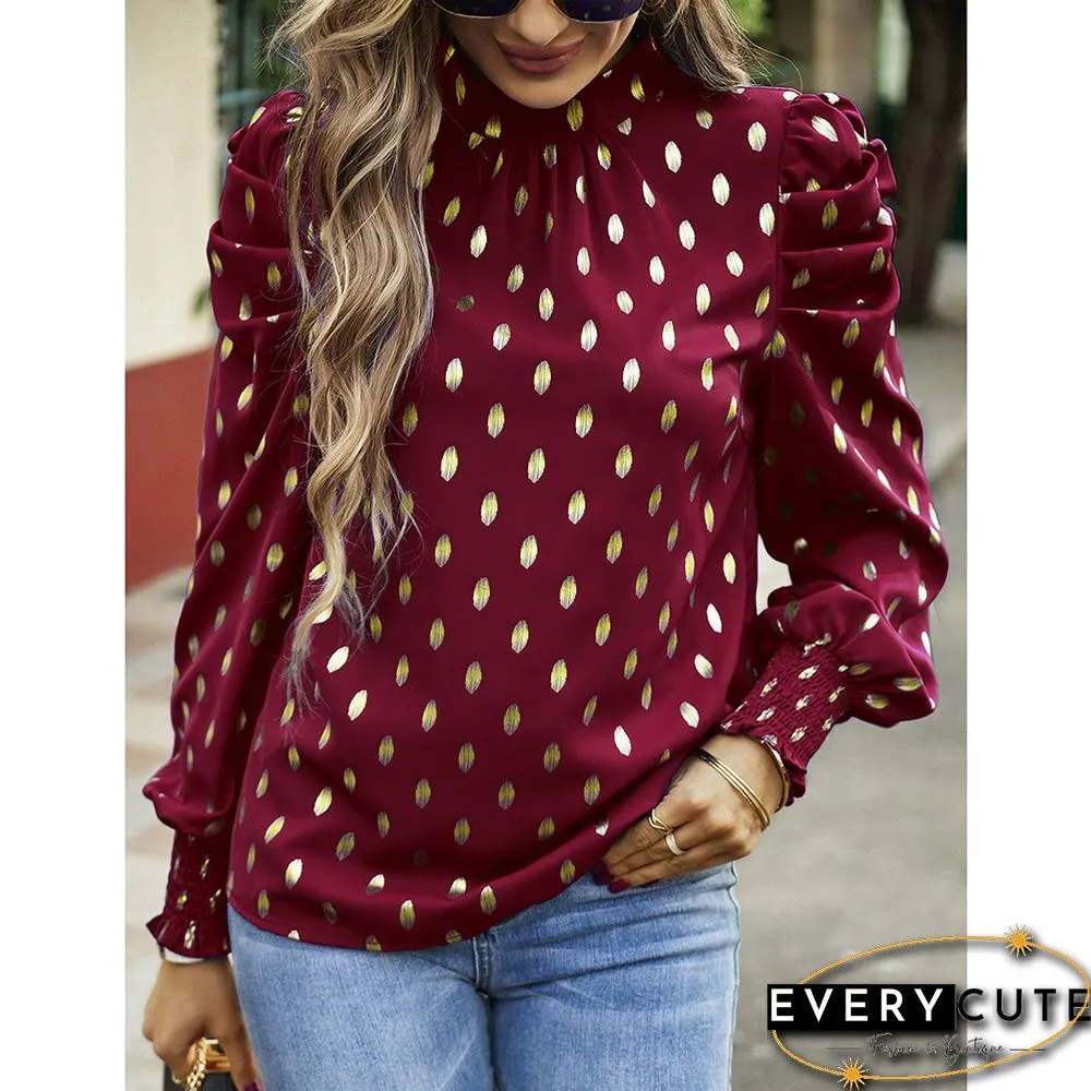 Burgundy Polka Dot Pleated Cuffs Long Sleeve Tops