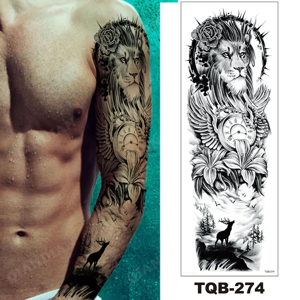 Full Arm Temporary Tattoo Wolf Lion Fish Horns Geometric Man Body Leg Rose Flower Phoenix Waterproof Sticker Cool Women Tatoo