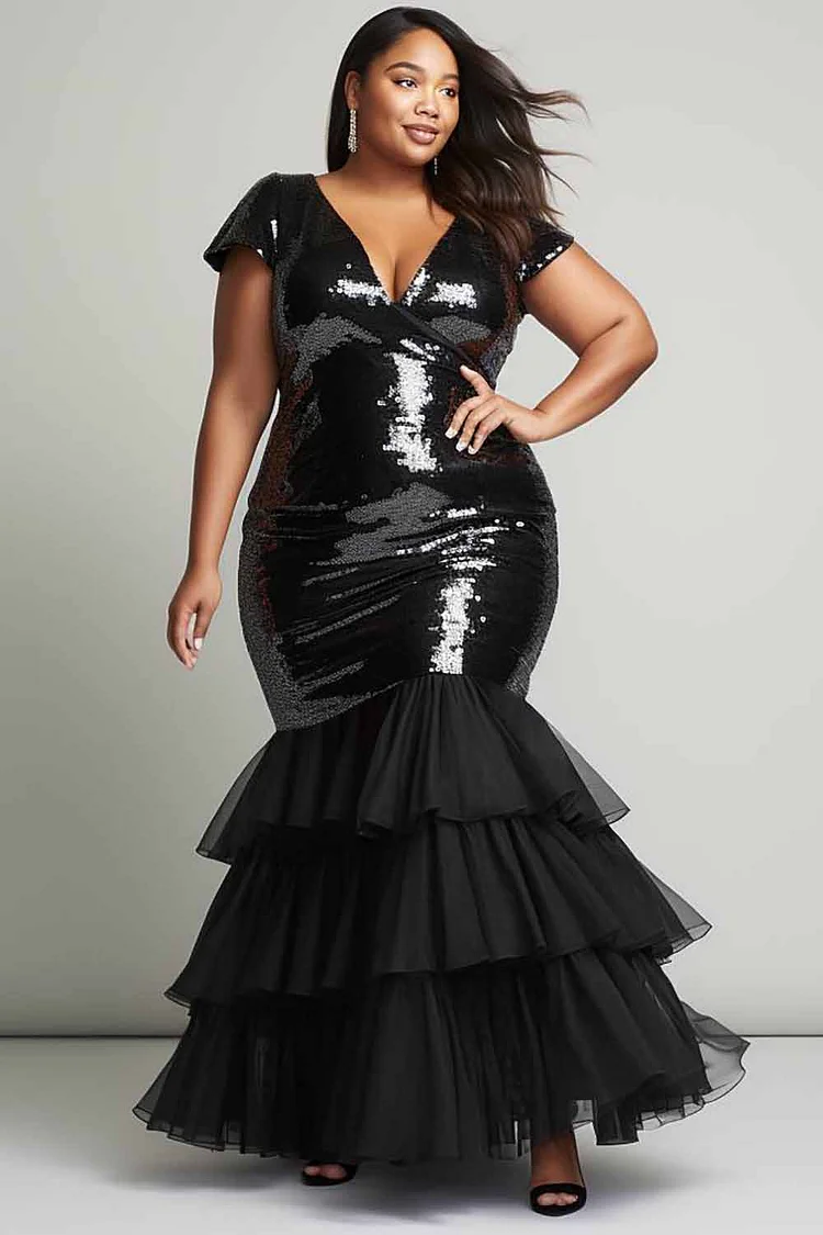 Xpluswear Design Plus Size Formal Elegant Black V Neck Short Sleeve Tiered Tulle Mermaid Sequin Maxi Dresses 