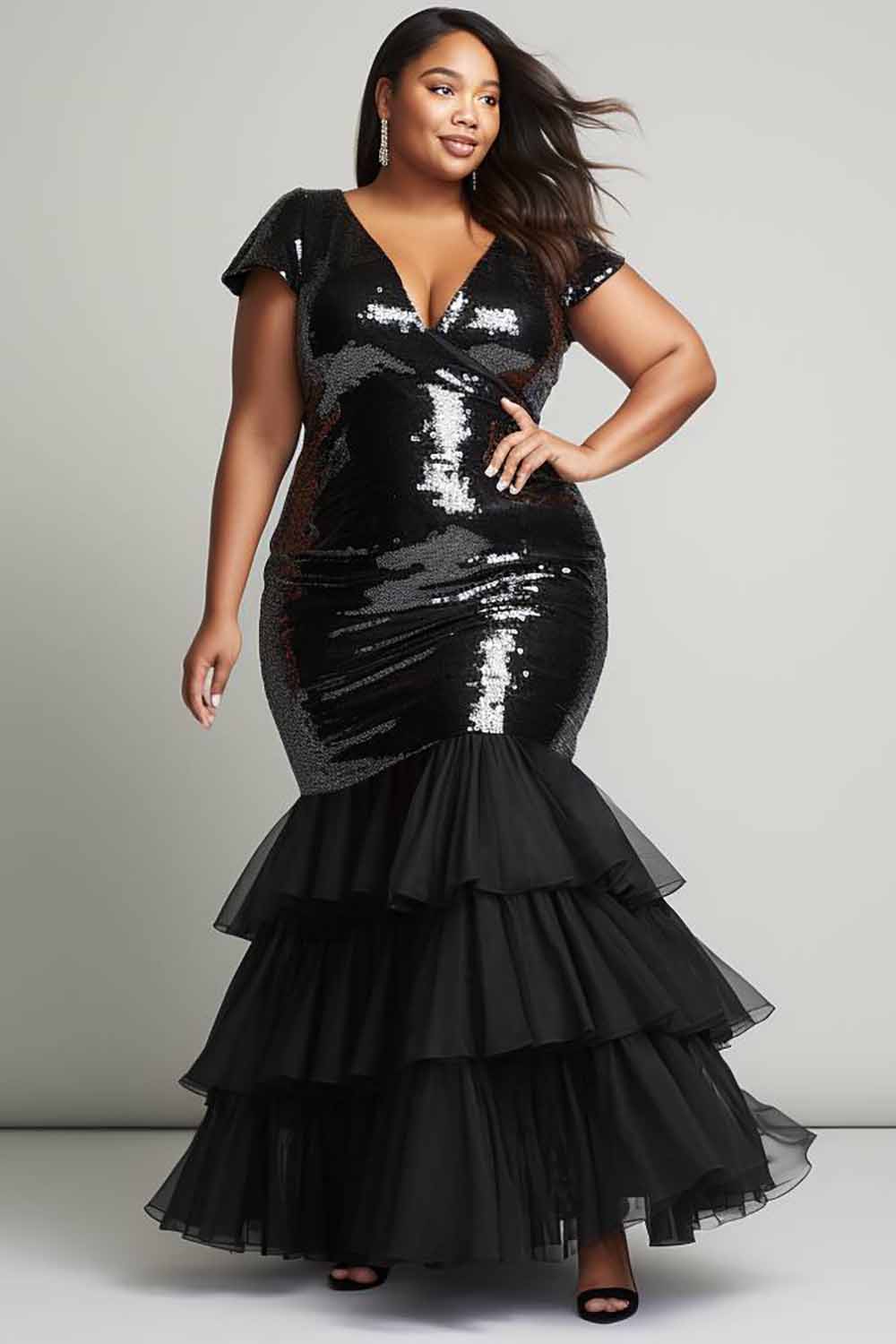 Design Plus Size Formal Elegant Black V Neck Short Sleeve Tulle Mermaid Sequin Maxi Dresses [Pre-Order]