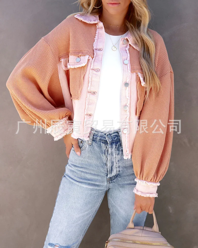 Toloer The Ins New Autumn / Winter Ladies Cotton Waffle Denim Patchwork Niche Loose Jacket Jacket-Outfit Ideas