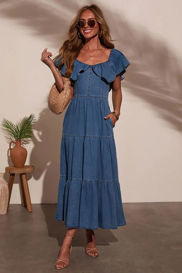 Ruffled Cinch Waist Denim Casual Midi Dresses-Blue