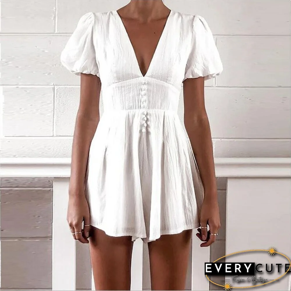 Women's Summer White Jumpsuit Puff Sleeve Deep V-Neck Casual Jumpsuit Retro French Jumpsuit Wide Leg
