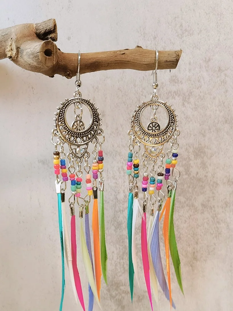 Vintage Ethnic Long Feather Dangle Boho Earrings
