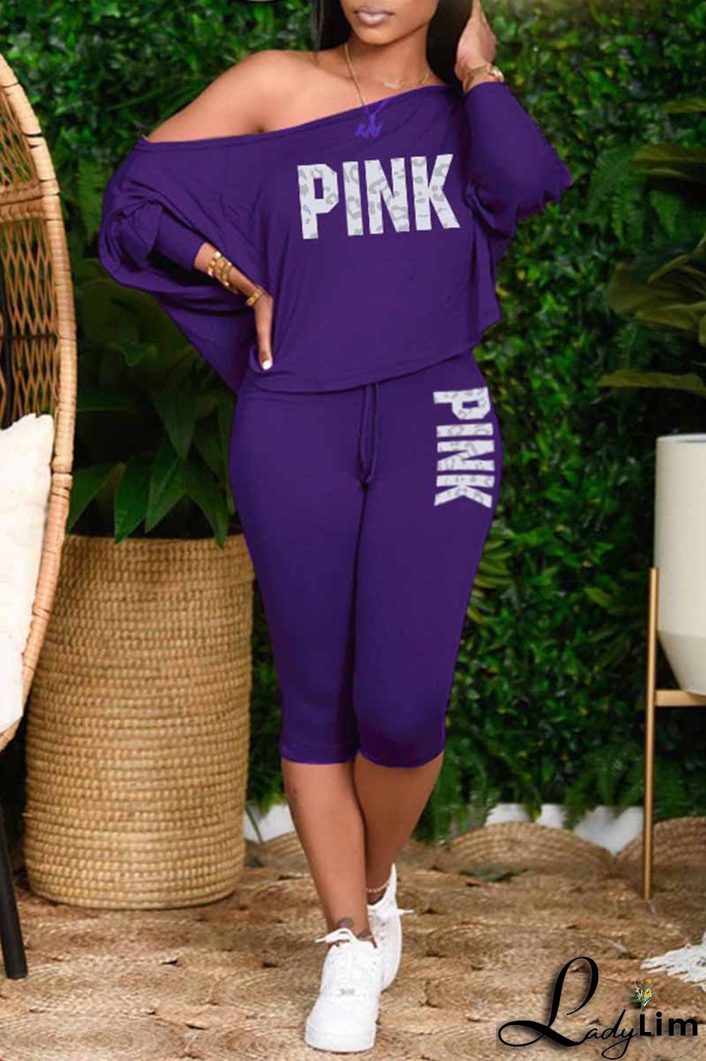 Pink Fashion Casual Letter Print Basic Oblique Collar Long Sleeve Two Pieces