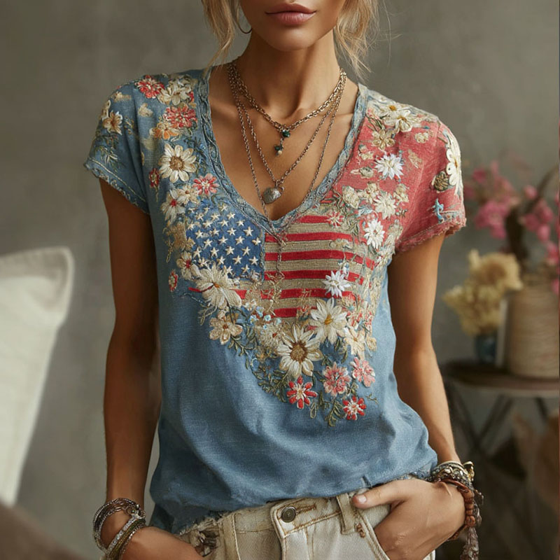 Women's Retro Independence Day Anniversary Flag Floral Color Block Cotton Linen T-shirt Westsshops