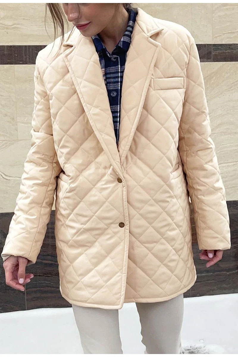 Elegant pattern button pocket women short coat winter Office lady long sleeves lapel loose parkas Female solid warm coat