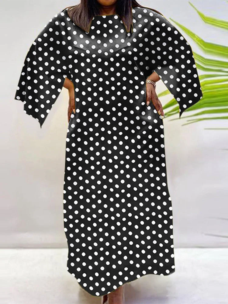 Polka Dot Print Splited Sleeve Crew Neck Maxi Dresses For Women SKUJ13735 QueenFunky