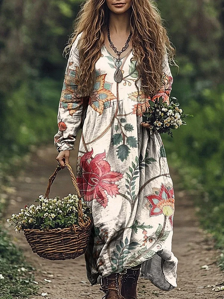 Women's Vintage Flower Print Pocket Cotton Dress
