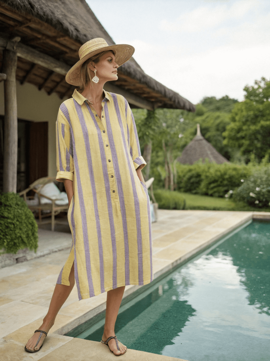 Cotton and linen women's resort shirt dress