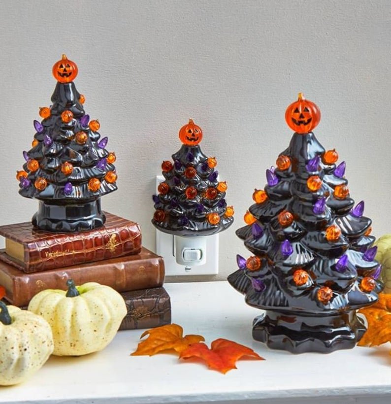 Halloween Black Ceramic Decor Tree Lights Hanging Ornaments Bonsai Tree