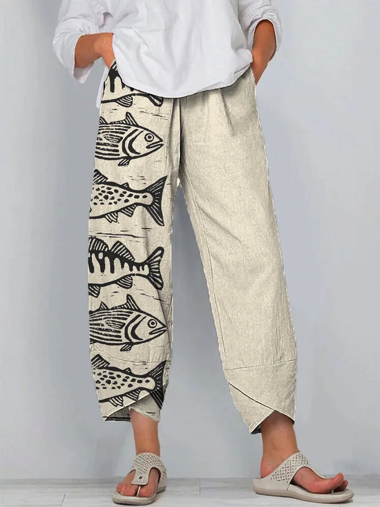 Sea Fish Art Printed Women's Cotton And Linen Casual Pants