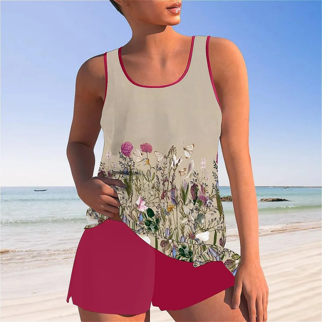 Bowknot Apricot,Floral,Colorful Mid Waisted Tankini Set - Plus Size Available