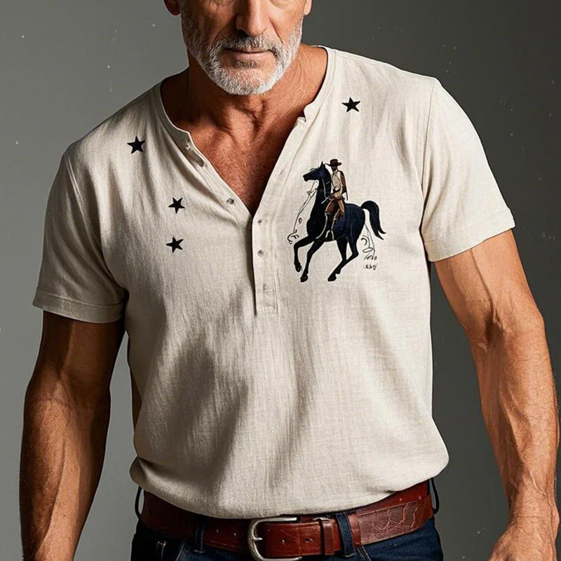 Men's Summer Fashion Denim Style Printed Short Sleeve Henley Shirt