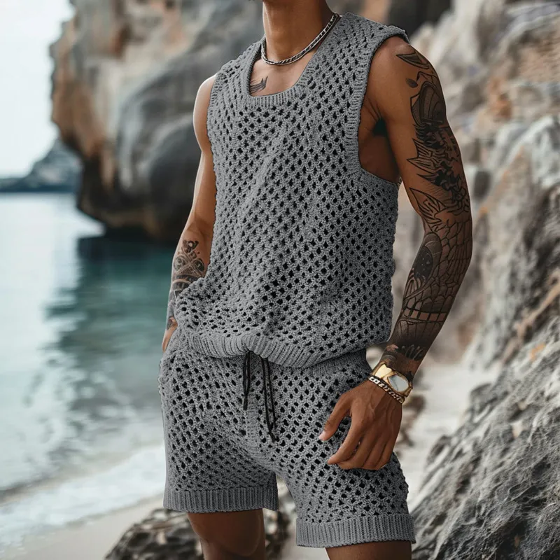Men's Leisure Turn-down Collar Fitted Stripe knitting Tank Tops And Shorts Sets