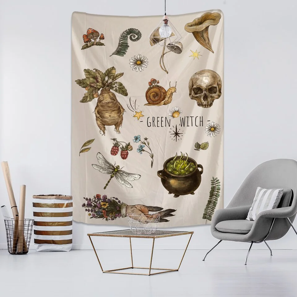 Skull Head Plant Illustration Tapestry Wall Hanging Psychedelic Witchcraft Aesthetics Room Tapiz Hippie Home Decor