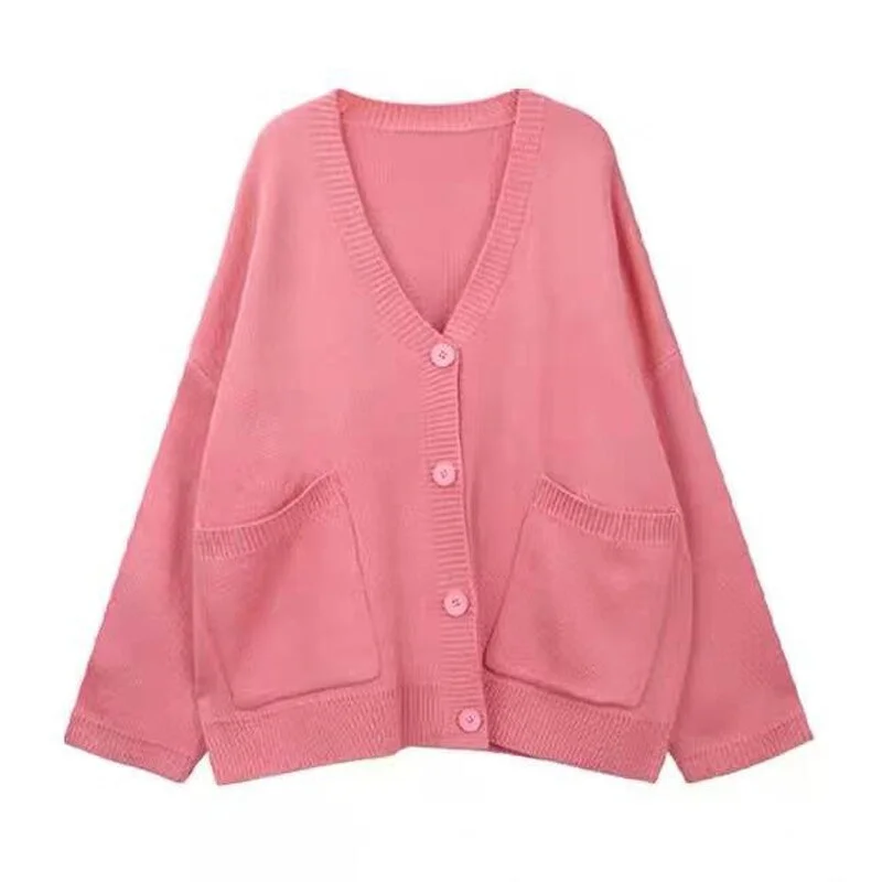 Syiwidii V Neck Sweater Women Cardigan Clothes 2021 Korean Fashion Pink Fall Pockets V-Neck New Oversize Loose Winter Jumper Top