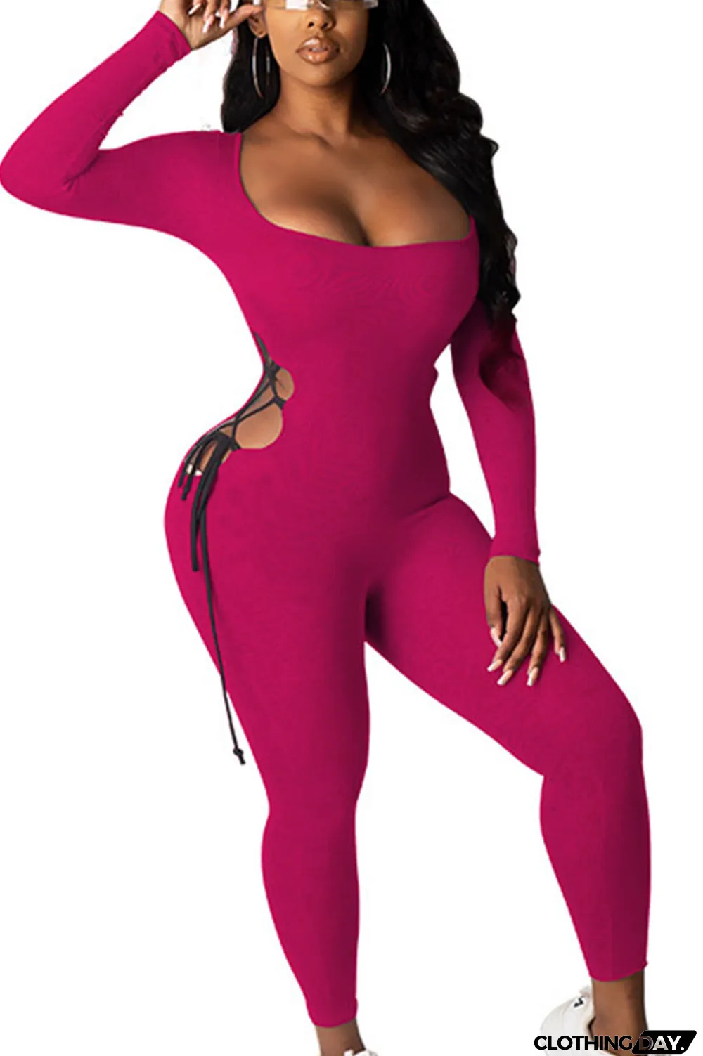 Grey Sexy Polyester Milk Fiber Solid Hollowed Out Frenulum U Neck Skinny Jumpsuits