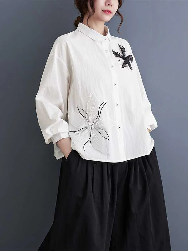 Embroidered Buttoned Applique Loose Long Sleeves Lapel Blouses&Shirts Tops