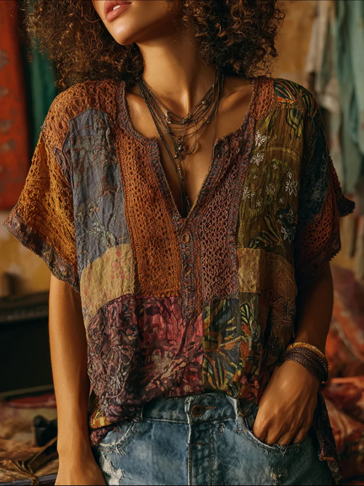 VChics Bohemian-style Patchwork And Embroidery V-neck Short-sleeved Shirt