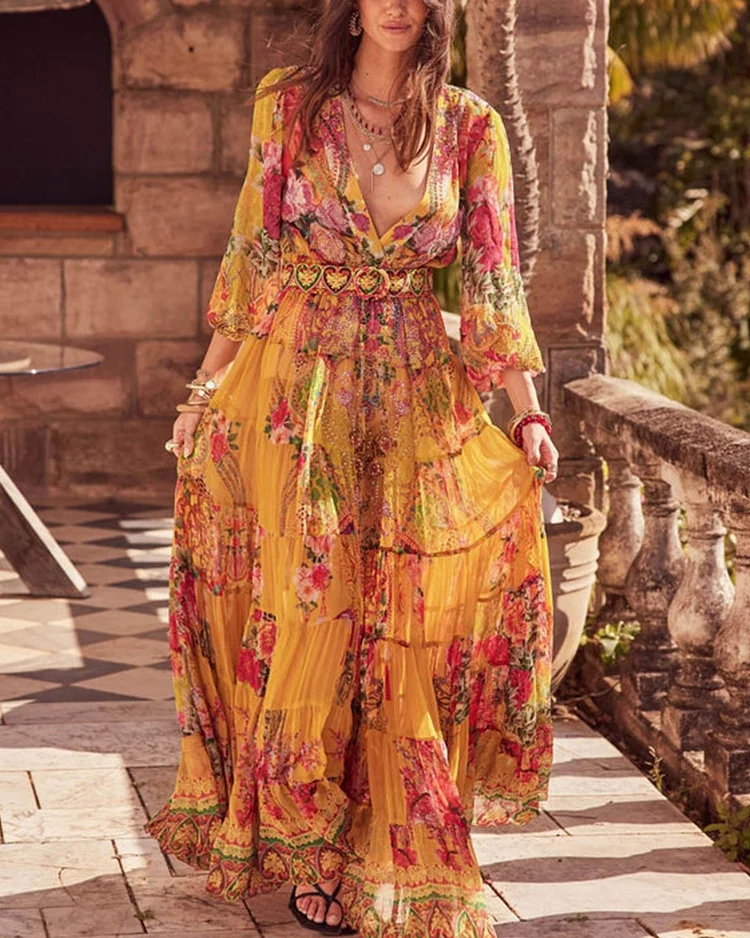 Pastoral Romantic Floral V Neck Maxi Dress