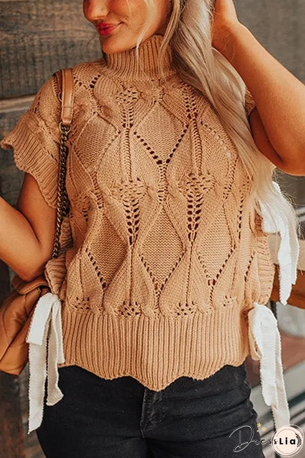Light French Beige Hollowed Knit Scalloped Trim High Neck Sweater