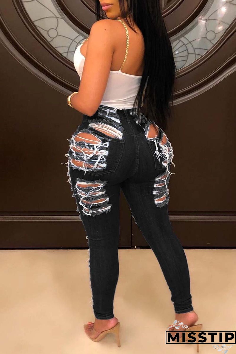 Dark Blue Casual Solid Ripped Patchwork Plus Size Jeans