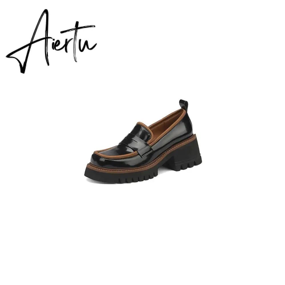 Aiertu Spring Genuine Leather Slip-On Platform Shoes Ins Casual Loafers Square Toe Chunky Heel Women Shoes Zapatos De Mujer Pumps Aiertu