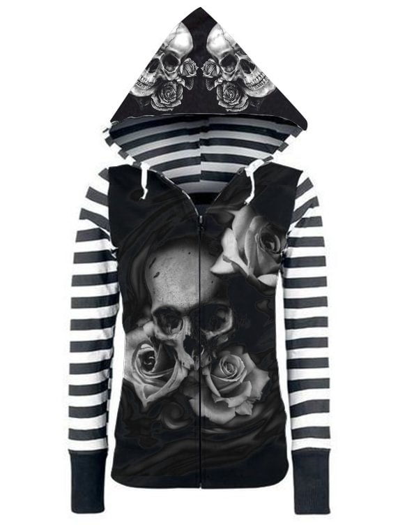 Black Skull Print Zipper Hooded Jacket Coat