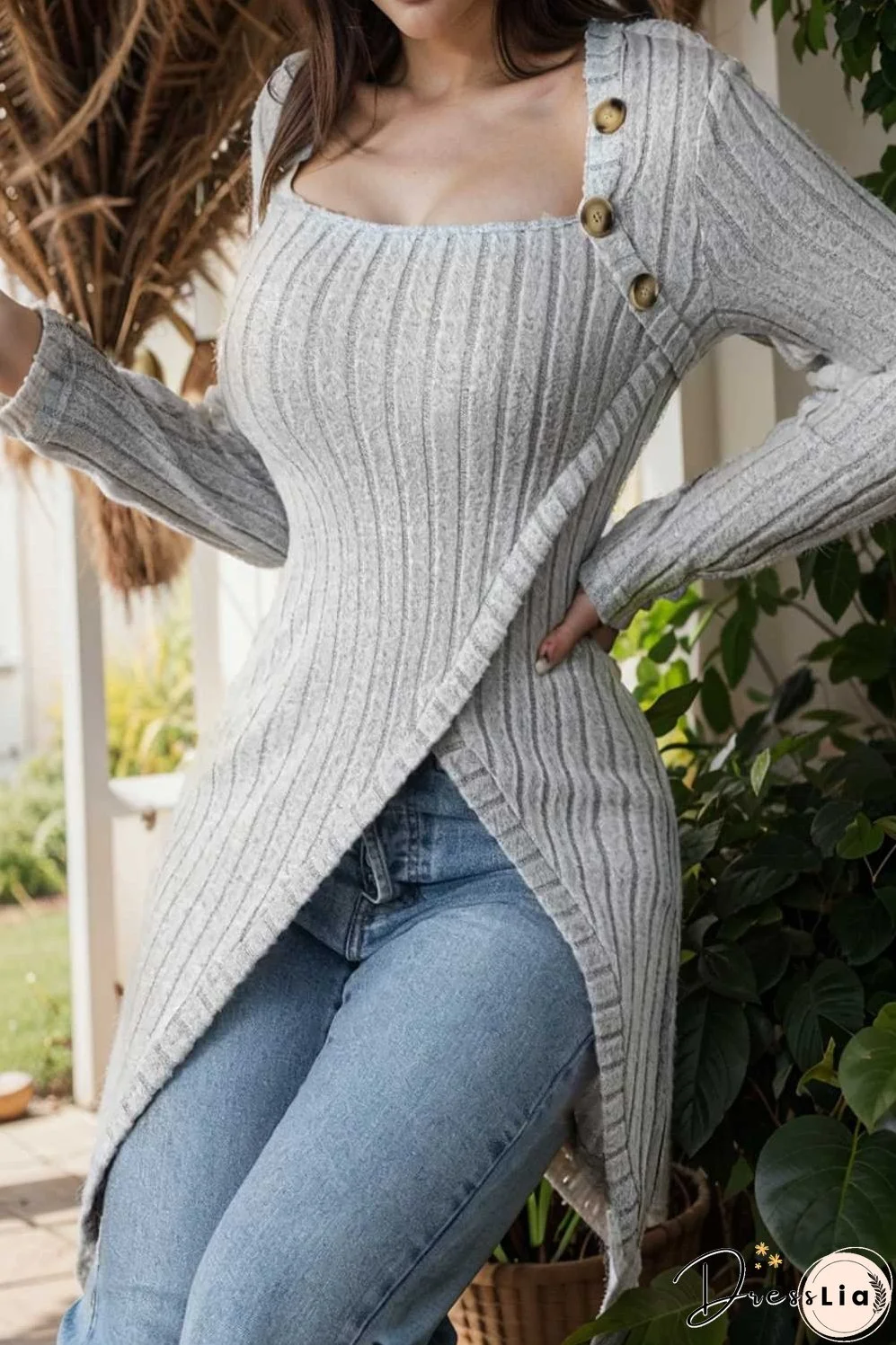 casual ribbed button decor asymmetrical hem long sleeve t shirt