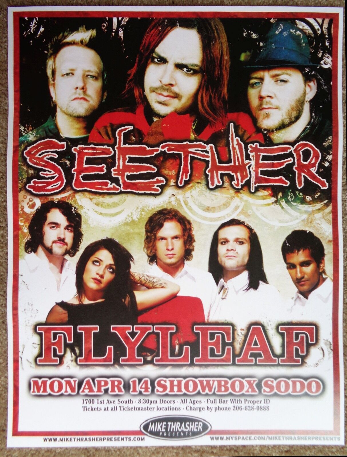 SEETHER / FLYLEAF 2008 Gig POSTER Seattle Washington Concert