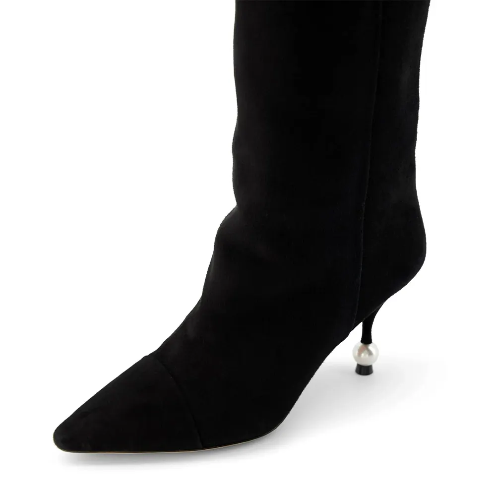 Black Vegan Suede Pointed Toe Sculptural Heel Knee High Boots with Pearl