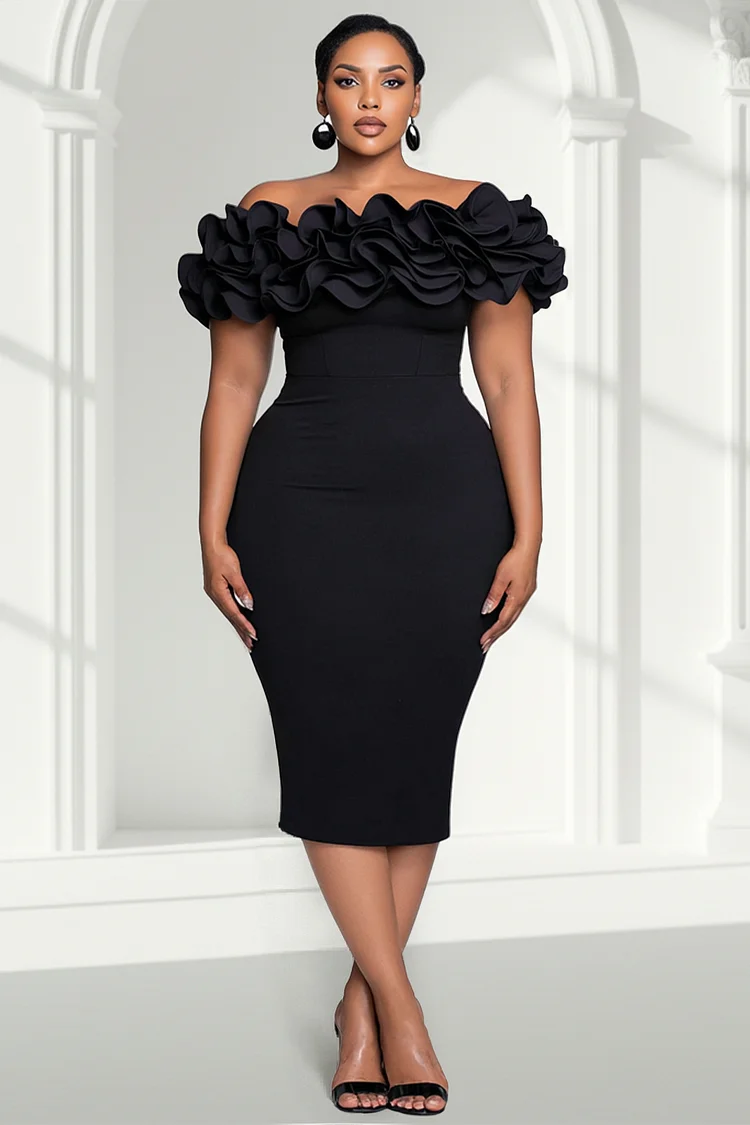 Xpluswear Design Plus Size Cocktail Party Elegant Black Off The Shoulder Ruffle Bodycon Midi Dresses [Pre-Order] 2024 - Xpluswear