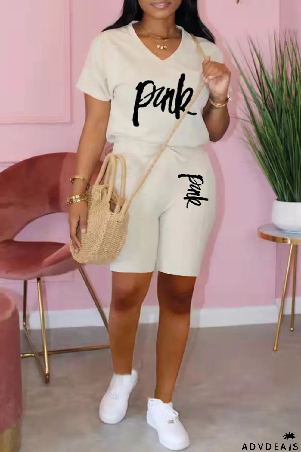 Apricot Fashion Casual Letter Print Basic V Neck Short Sleeve Two Pieces
