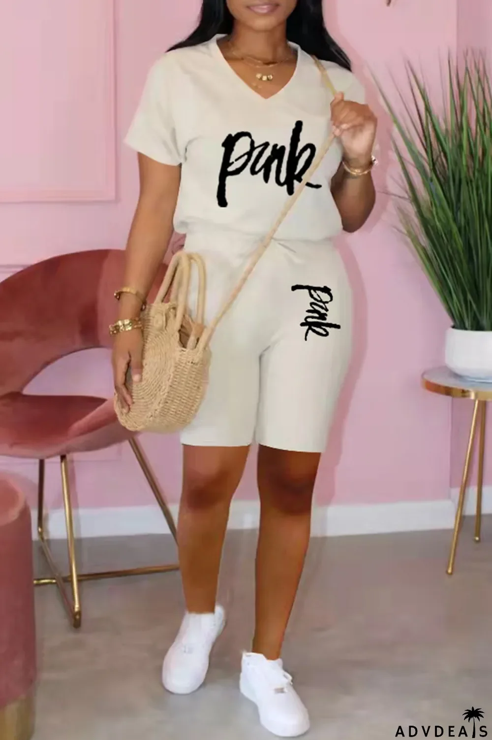Apricot Fashion Casual Letter Print Basic V Neck Short Sleeve Two Pieces