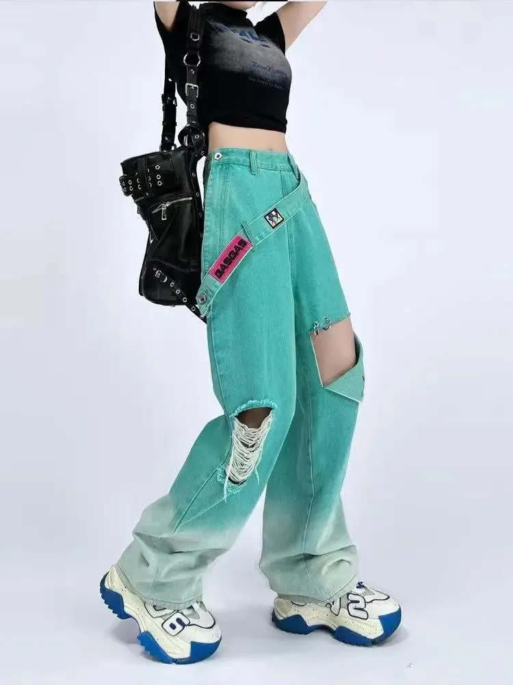 Brownm Denim Strap Baggy Jeans