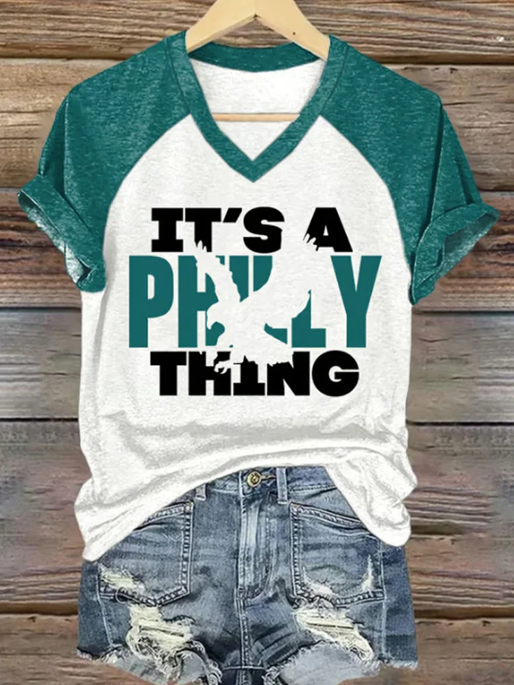 V-neck Retro Color Block It's A Philly Thing Print T-shirt