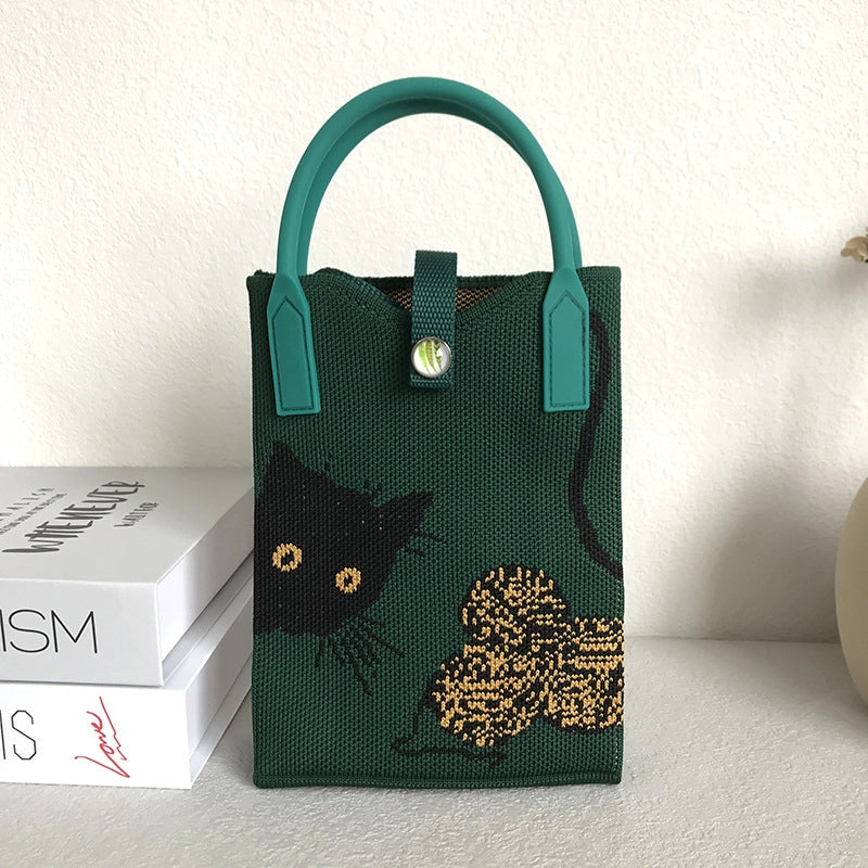 Niche Design Cute Cat Mini Knitted Phone Bag Women’s Portable Knitted Shoulder Crossbody Bag Small Square Bag