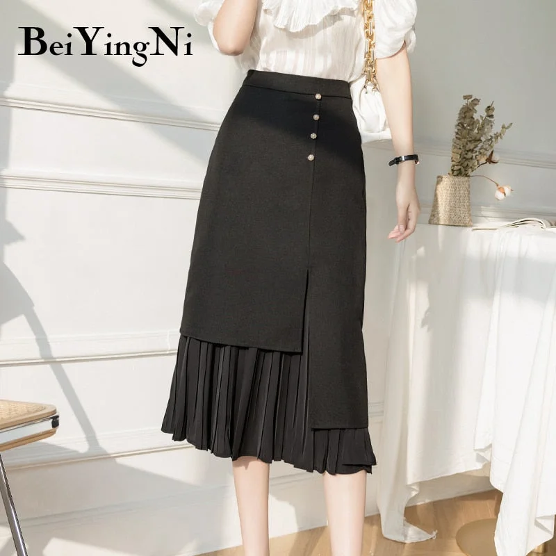 Beiyingni Korean Slim Maxi Long Women Skirt 2021 High Waist Irregular Patchwork Pleated Midi Skirts Ladies Elegant Buttons Saias