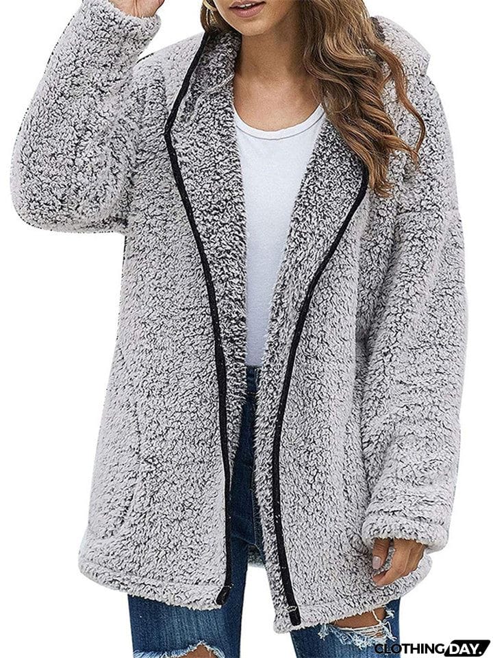 Ladies Casual Solid Color Hooded Plush Fleece Coats
