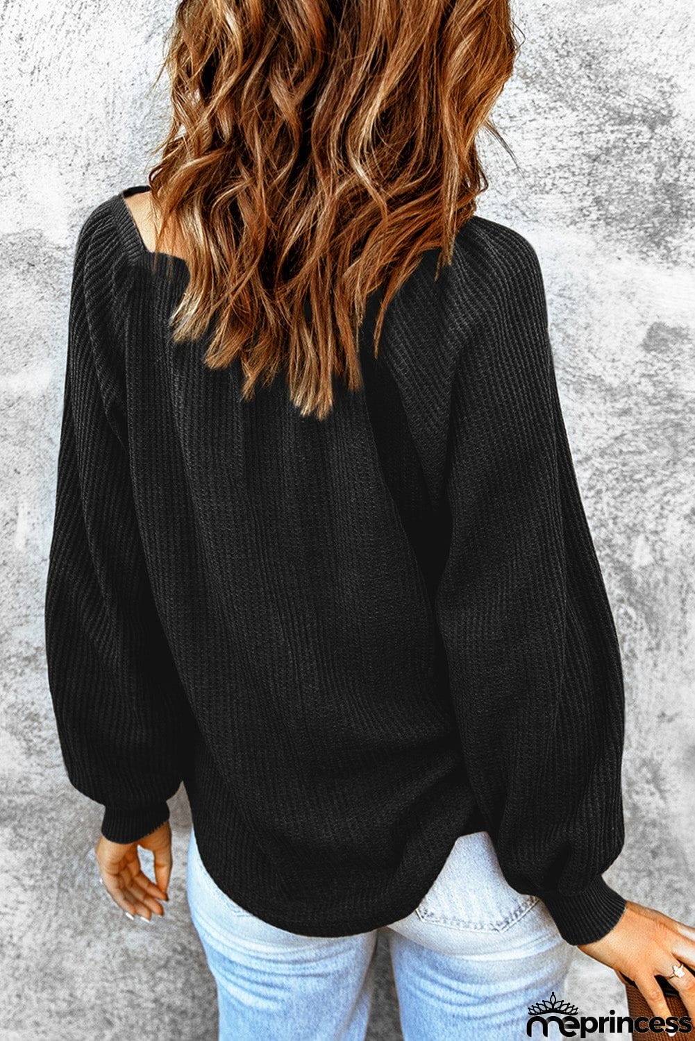 Scoop Neck Puff Sleeve Waffle Knit Top